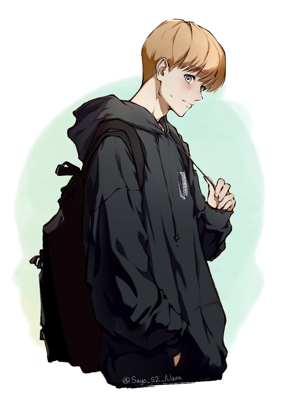 1boy, armin_arlert, backpack, bag, black_hoodie, blonde_hair, blue_eyes, blush