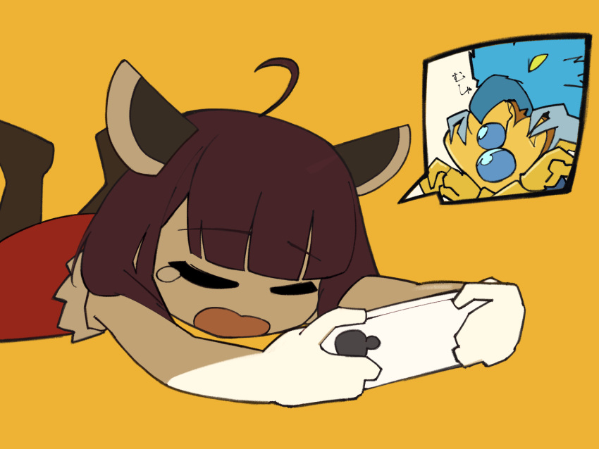 1girl, ahoge, bird, biting, biting_head, blunt_bangs, brown_hair, cellphone