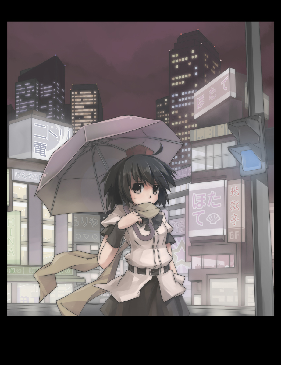 ahoge, belt, black_hair, brown_eyes, building, city, contemporary, highres