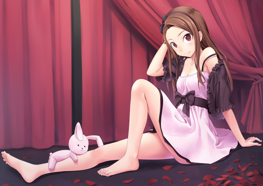 absurdres, arm_support, bad_id, bare_legs, bare_shoulders, barefoot, breasts, brown_hair
