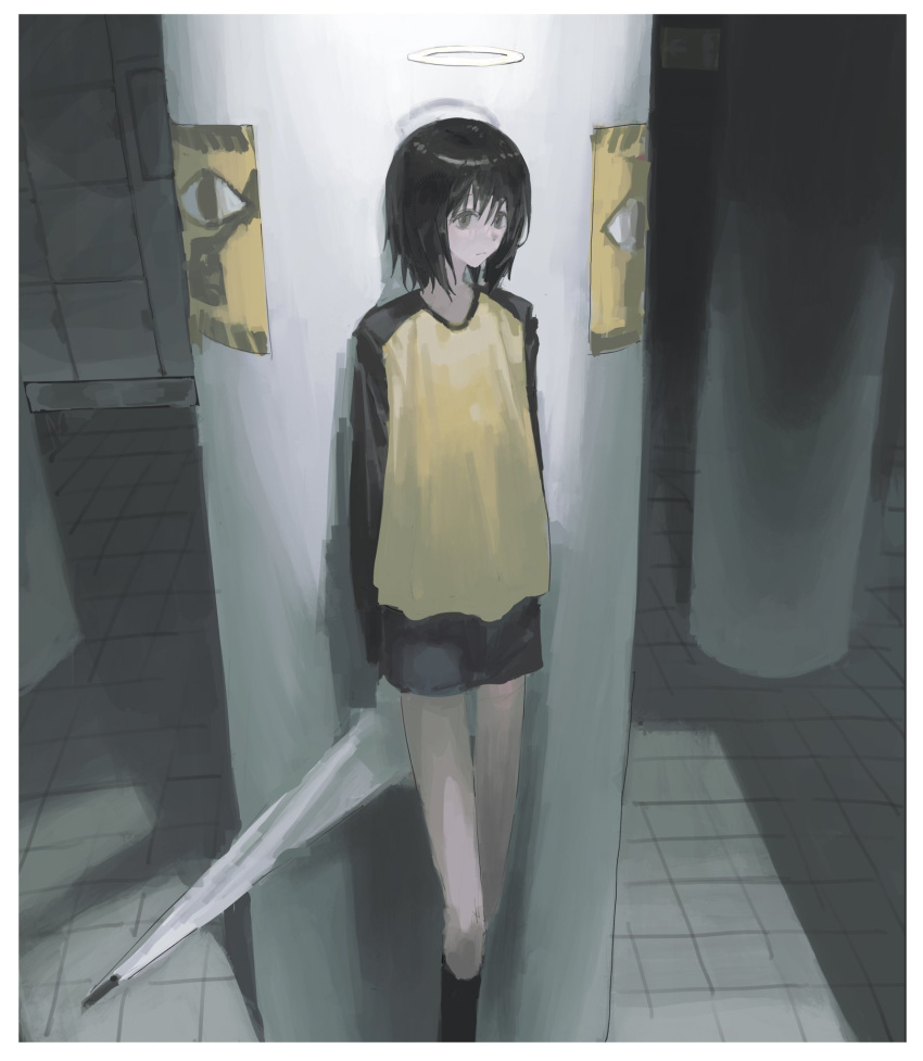 1girl, :|, against_pillar, arms_behind_back, ay4_la, black_hair, black_shirt, black_skirt