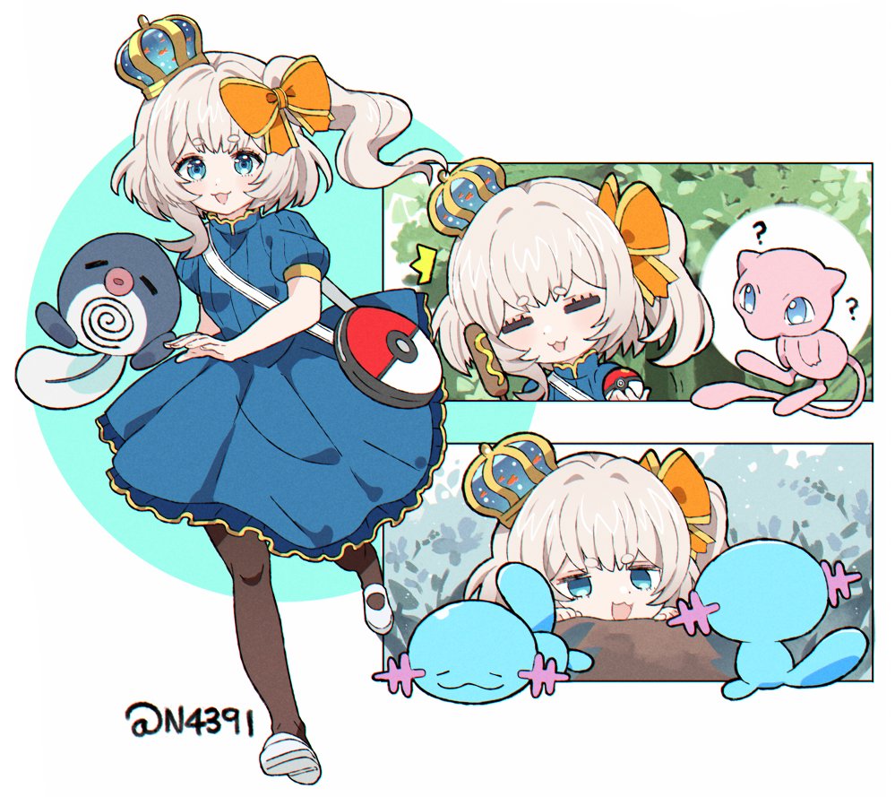 1girl, ?, blonde_hair, blue_dress, blue_eyes, bow, bowtie, breasts