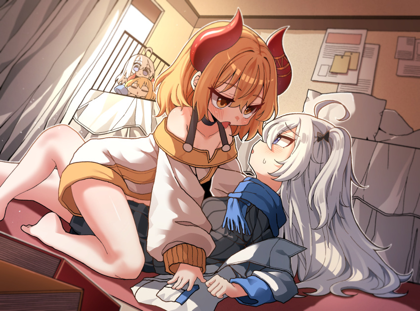 2girls, ahoge, artist_request, ataraxia_(hwangabi), barefoot, bed, bed_sheet, bedroom