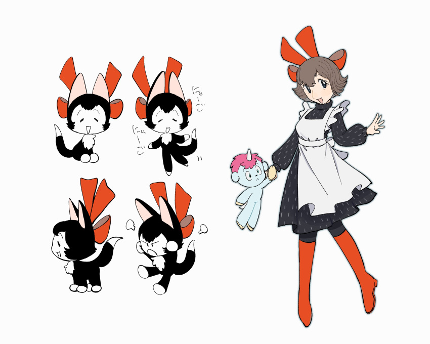 1girl, angry, animal, apron, black_cat, black_dress, black_pantyhose, blue_eyes, boots, bow, brown_hair, cat, chao_(unico), clothed_animal, commentary, dress, hair_bow, highres, holding, holding_animal, knee_boots, norio_111, open_mouth, pantyhose, pink_hair, puff_of_air, red_boots, red_bow, short_hair, simple_background, smile, unico, unico_(character), unicorn, white_apron, white_background
