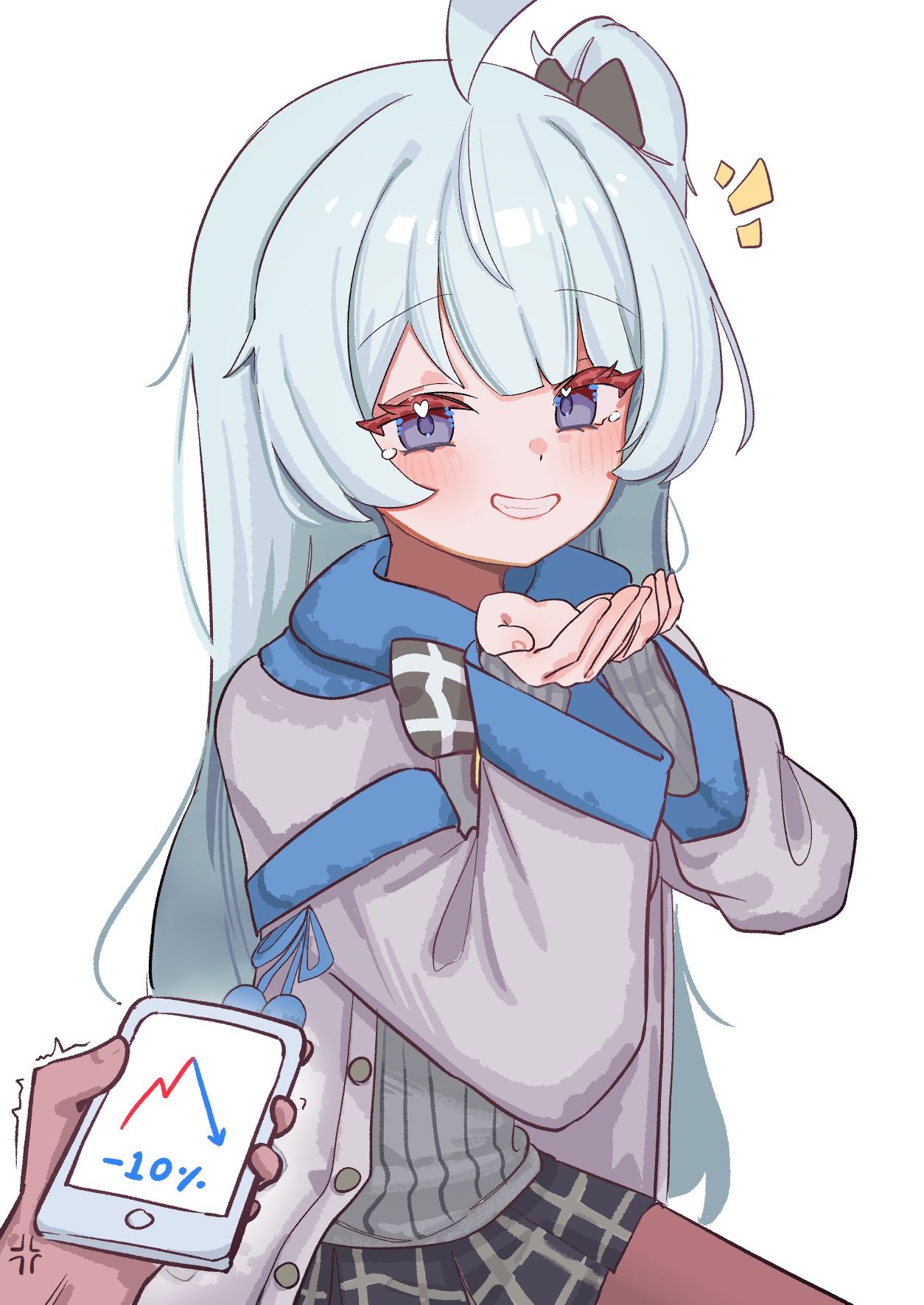 1girl, anger_vein, artist_request, ataraxia_(hwangabi), black_bow, blue_scarf, blue_trim, blush