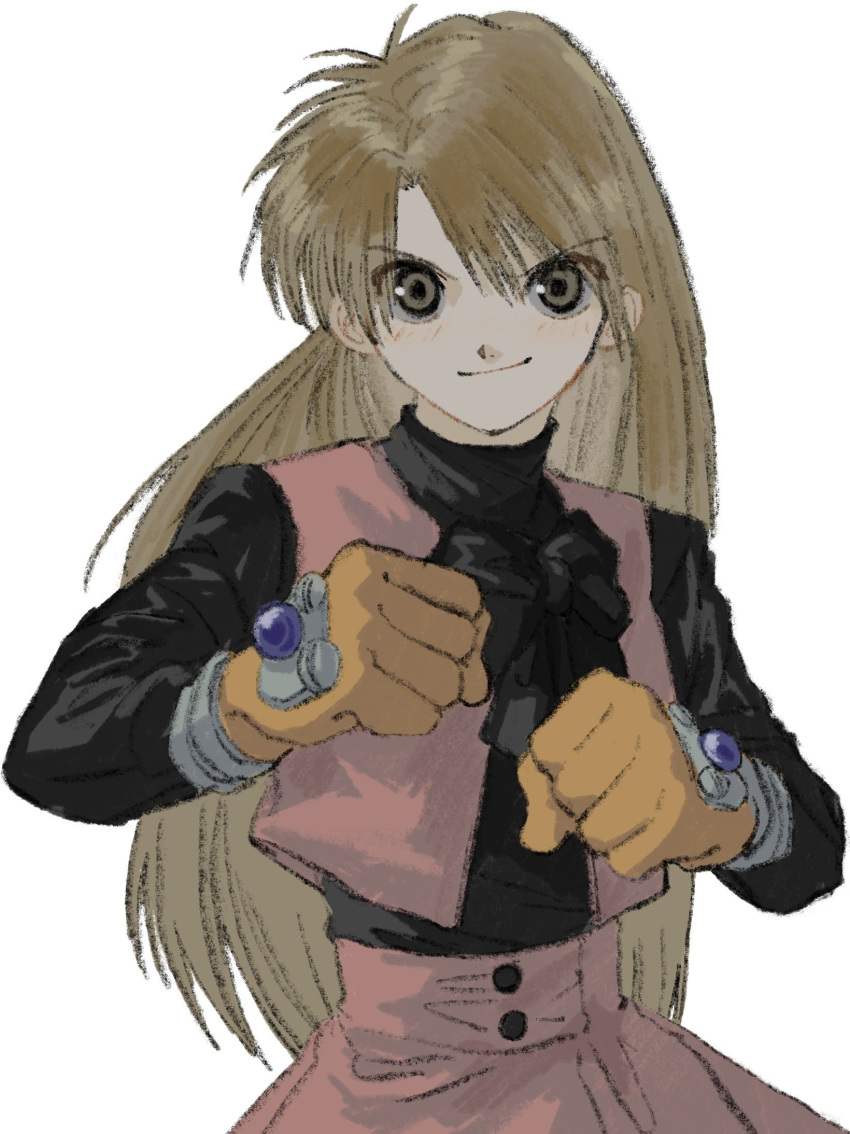 1girl, black_shirt, brown_hair, chelsea_rorec, clenched_hand, gloves, highres, long_hair