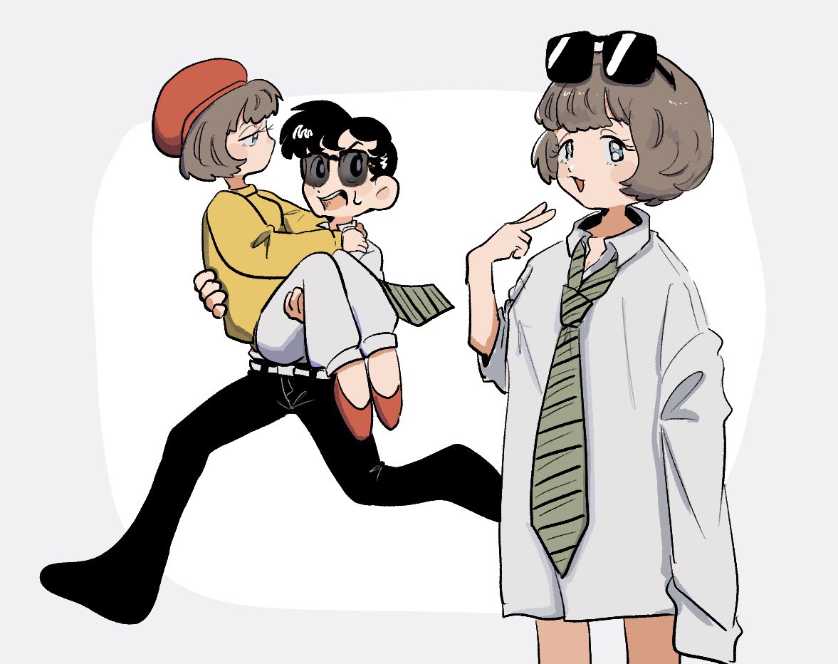 1boy, 1girl, belt, beret, black_eyes, black_hair, black_pants, blue_eyes