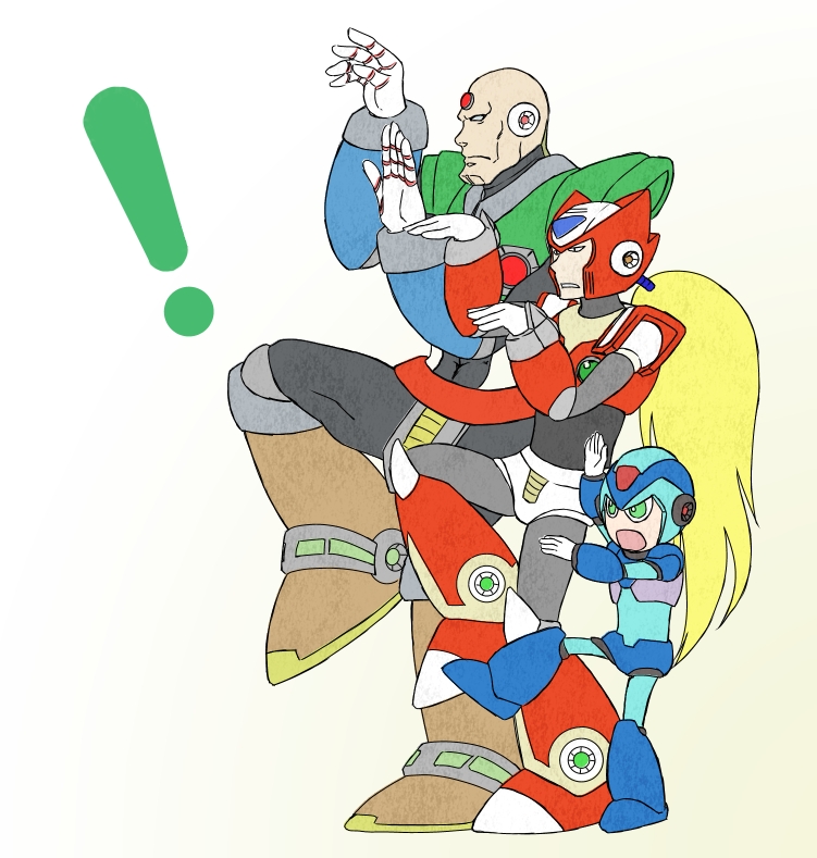 3boys, armor, bald, blonde_hair, boots, helmet, long_hair, mega_man_(series), mega_man_x_(series), open_mouth, parody, ponytail, pose, robot, rockman, rockman_x, sigma, sigma_(mega_man), size_difference, very_long_hair, x, x_(mega_man), x_(rockman), yoshi_(artist), yoshi_(qawsesea), yotsubato!, yotsubato!_pose, zero_(mega_man), zero_(rockman)