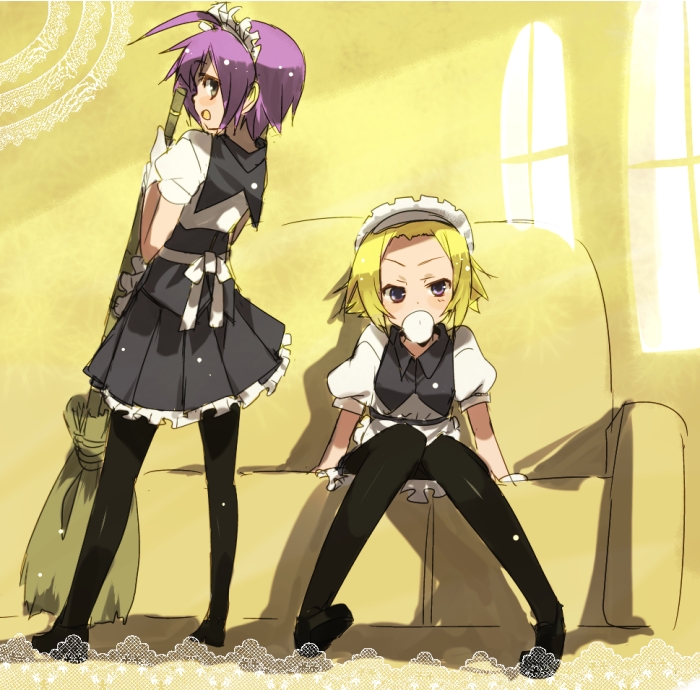 ahoge, blonde_hair, broom, bubblegum, headdress, looking_at_viewer, looking_back, maid