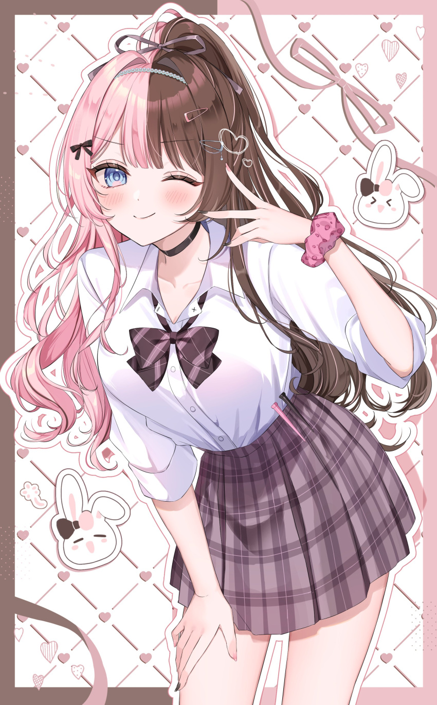 1girl, ;), absurdres, blush, bow, bowtie, brown_hair, choker