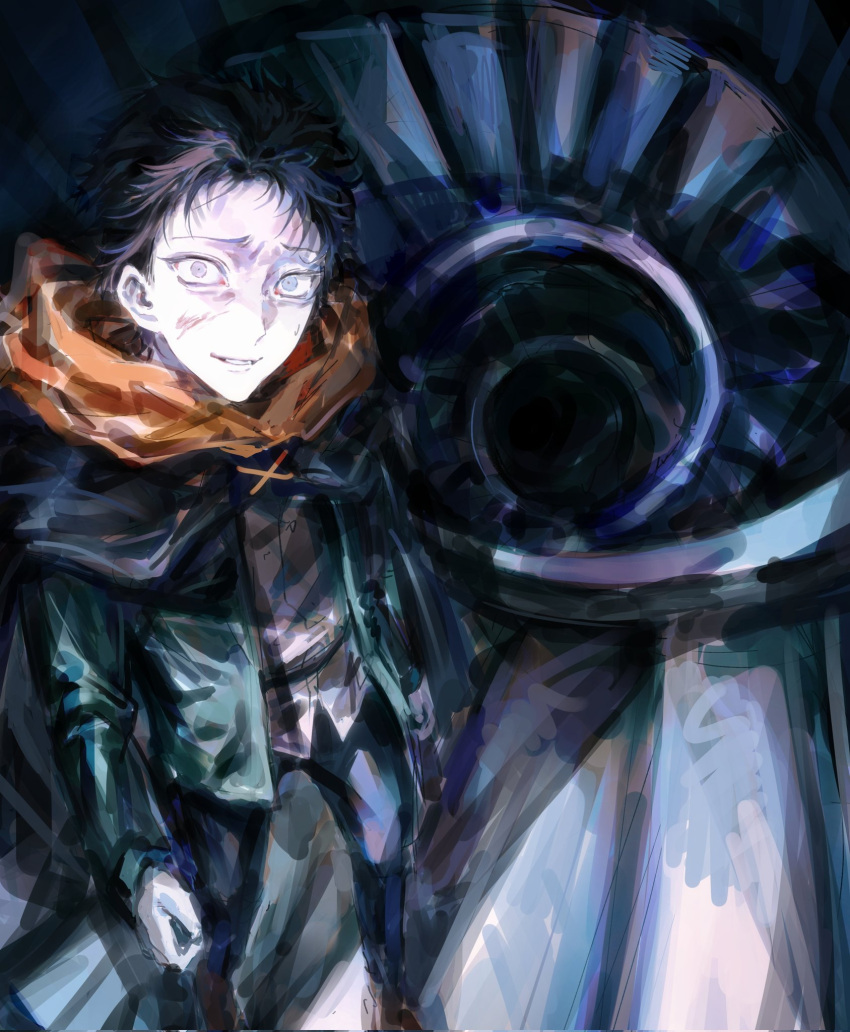 1boy, black_hair, blue_pants, empty_eyes, green_jacket, grey_eyes, grey_shirt, highres, honghe_guo, hood, hooded_jacket, jacket, long_sleeves, male_focus, natsuki_subaru, pants, parted_hair, parted_lips, re:zero_kara_hajimeru_isekai_seikatsu, re:zero_kara_tsugihagu_isekai_seikatsu, shirt, smile, solo, spiral_staircase, stairs, standing, wide-eyed