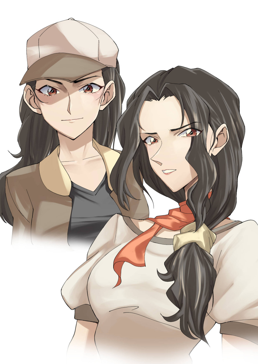 1girl, akiba_reiko, baseball_cap, black_hair, black_shirt, brown_capelet, brown_jacket, capelet, closed_mouth, collarbone, cropped_torso, curtained_hair, hat, highres, jacket, kikyouta, long_hair, looking_at_viewer, looking_to_the_side, low_side_ponytail, meitantei_conan, multiple_views, official_alternate_costume, official_alternate_hairstyle, parted_lips, puffy_sleeves, red_eyes, red_scarf, scarf, shirt, short_sleeves, side_ponytail, simple_background, v-neck, white_background, white_shirt