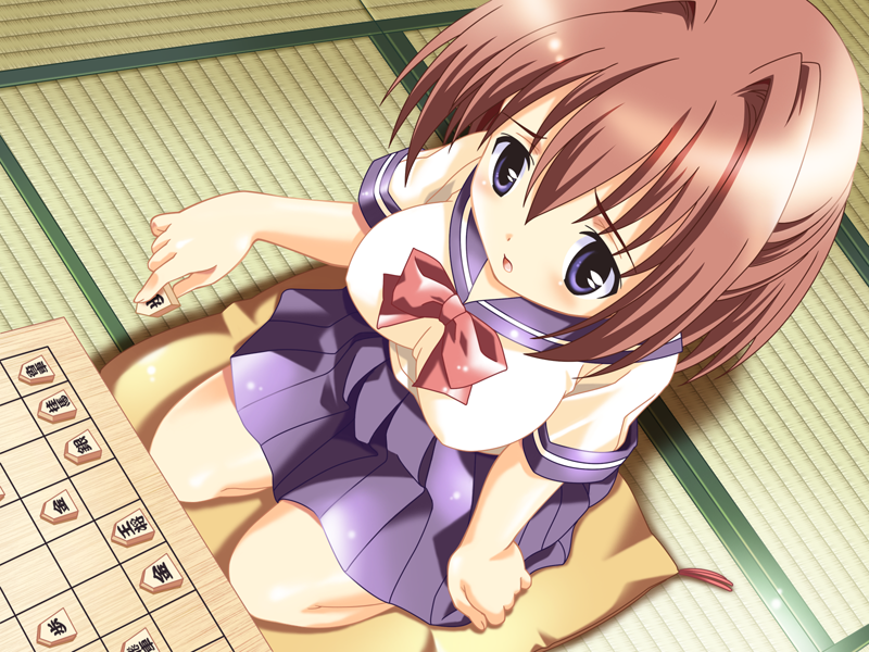 1girl, 2000s_(style), blush, board_game, bow, breasts, brown_hair, cushion