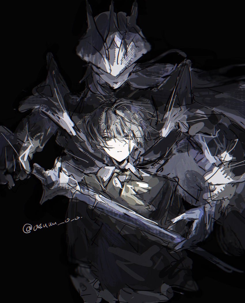 1boy, asuuu_o_o, behind_another, black_background, black_sweater, closed_mouth, commentary_request, grey_hair, hair_between_eyes, highres, holding, holding_sword, holding_weapon, looking_at_viewer, neckerchief, official_alternate_costume, pyrois_(zenless_zone_zero), short_hair, sweater, sword, twitter_username, weapon, wise_(zenless_zone_zero), yellow_neckerchief, zenless_zone_zero