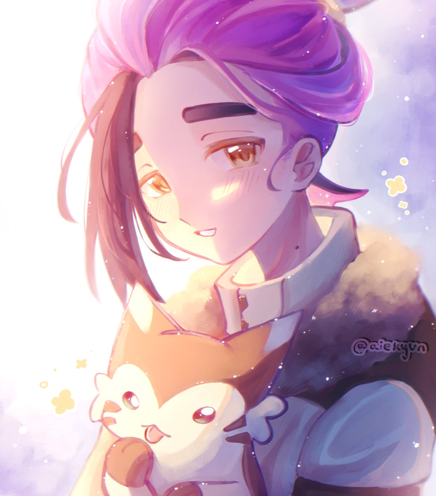 1boy, aiekyun, black_hair, blush, commentary, english_commentary, flower_symbol, fur-trimmed_jacket, fur_trim, furret, grin, highres, jacket, kieran_(pokemon), kieran_(sygna_suit)_(pokemon), licking_paw, looking_at_viewer, male_focus, mole, mole_on_neck, multicolored_hair, orange_eyes, pokemon, pokemon_(creature), pokemon_masters_ex, purple_hair, simple_background, smile, tongue, twitter_username, upper_body