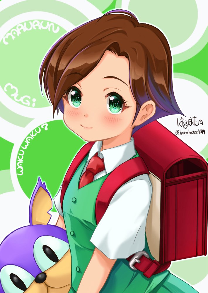 1girl, artist_name, backpack, bag, brown_hair, character_name, closed_mouth, collared_shirt, commentary_request, copyright_name, creature, green_background, green_eyes, green_skirt, green_vest, haruhata_mutsuki, looking_at_viewer, marurun, mugi_(waku_waku_7), necktie, randoseru, red_bag, red_necktie, school_uniform, shirt, short_hair, short_sleeves, skirt, smile, standing, twitter_username, upper_body, vest, waku_waku_7, white_shirt