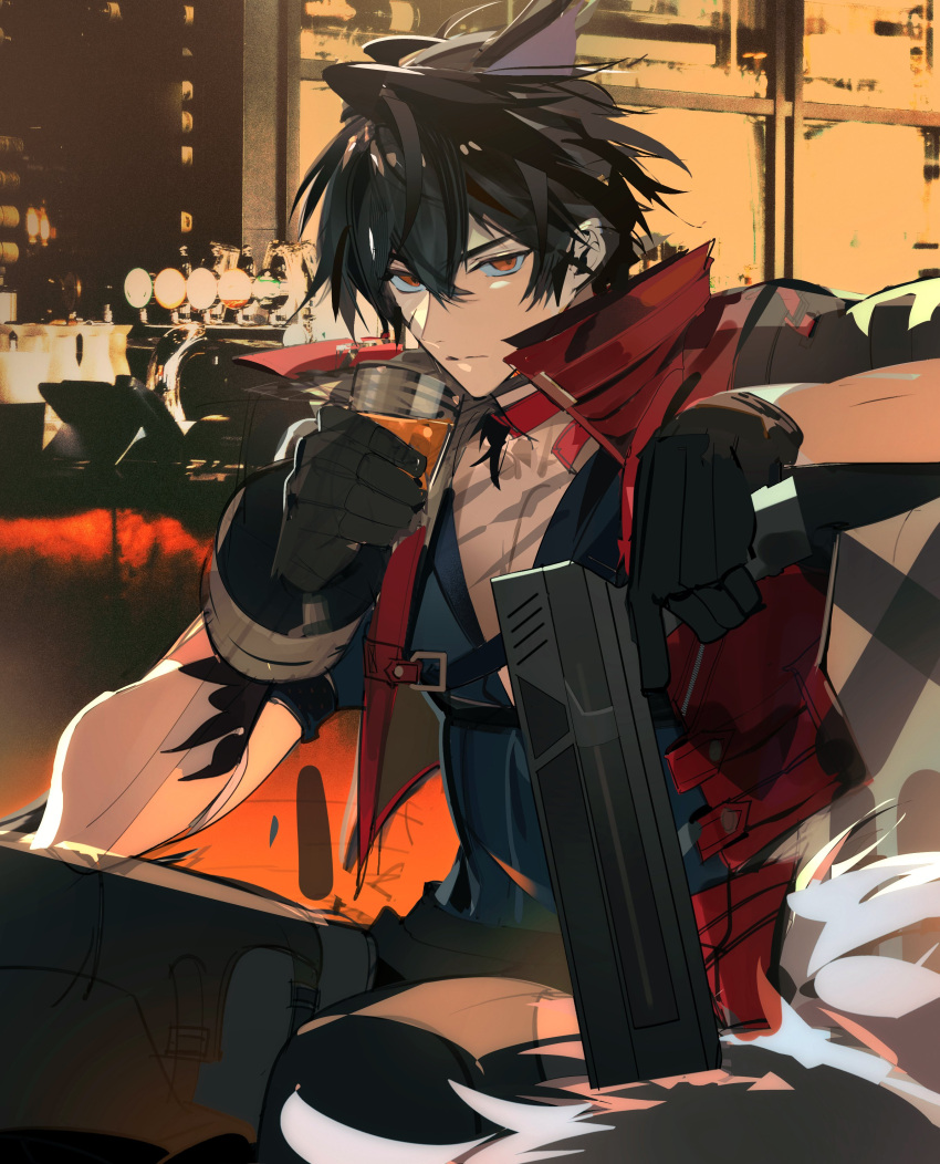 1boy, absurdres, alcohol, animal_ears, arknights, arknights:_endfield, black_gloves, black_hair