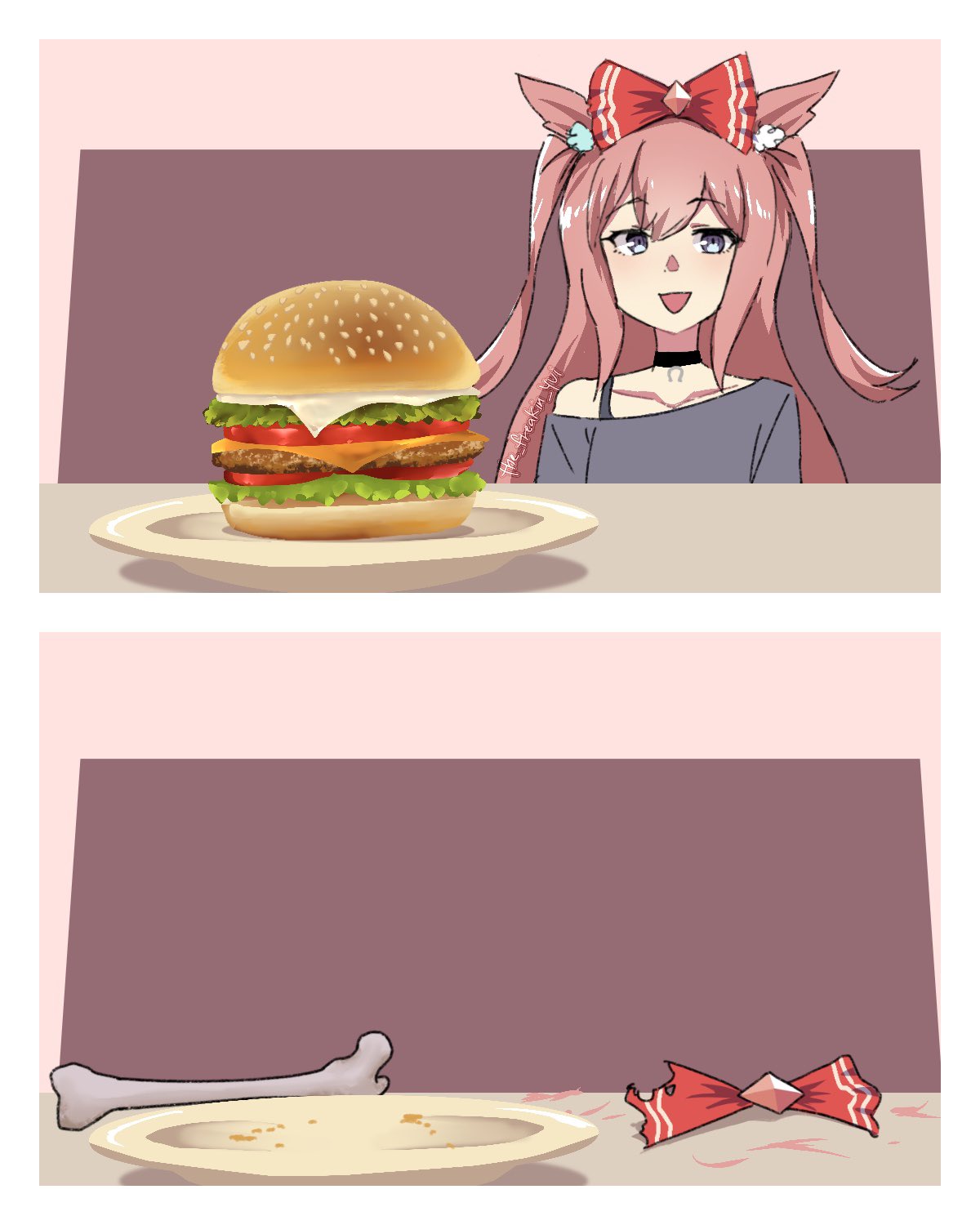 1girl, agnes_digital_(umamusume), animal_ears, black_choker, blue_eyes, blush, bone, bow, burger, choker, commentary, english_commentary, food, grey_shirt, hair_bow, highres, horse_ears, horse_girl, implied_vore, long_hair, open_mouth, pink_hair, red_bow, shirt, single_bare_shoulder, solo, the_freakin_yui, two_side_up, umamusume