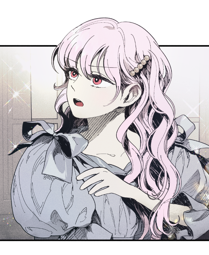 1girl, blue_dress, collarbone, colored_skin, commentary_request, dress, eilie_(witch's_island), grey_skin, hair_ornament, hairclip, hand_up, korean_commentary, official_art, open_mouth, pink_hair, ppotatornado, red_eyes, solo, witch's_island
