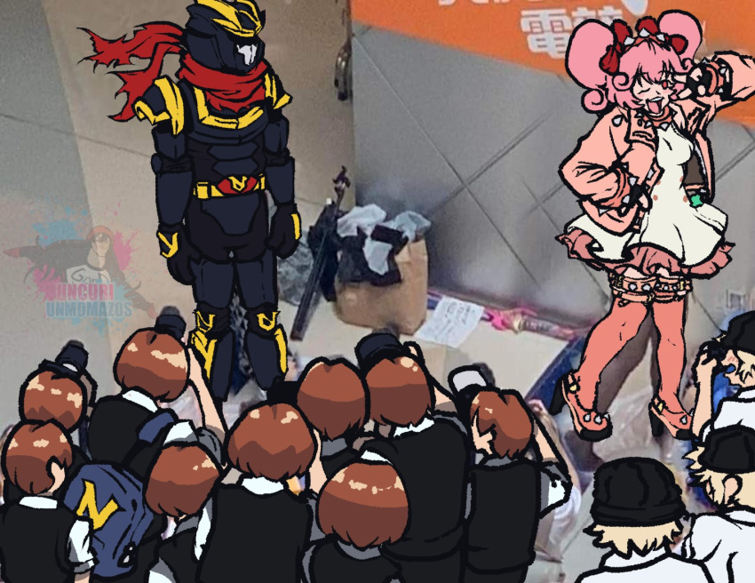 1girl, 3boys, armor, baseball_cap, black_armor, black_gloves, black_vest, bow
