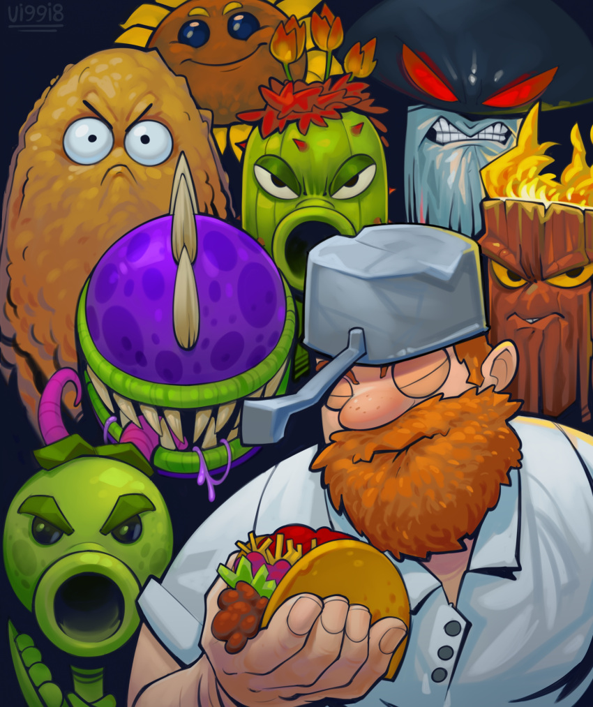 1boy, 6+others, absurdres, beard, cactus_(plants_vs._zombies), chomper_(plants_vs._zombies), cooking_pot, crazy_dave_(plants_vs._zombies)