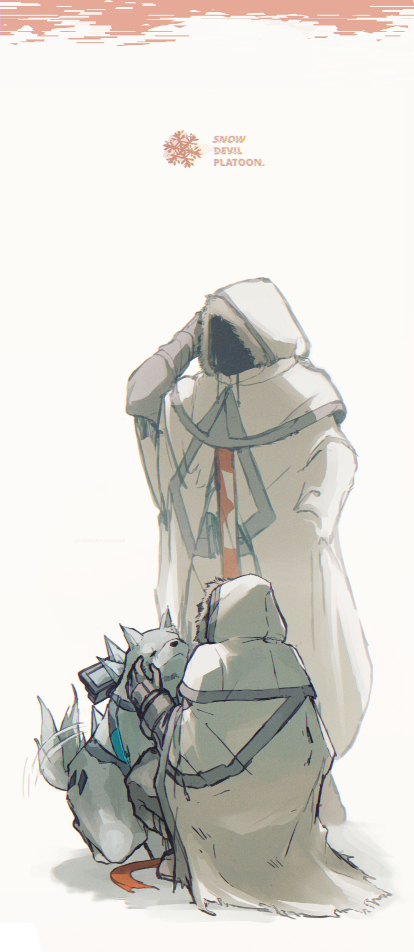 2others, absurdres, animal, arknights, commentary_request, covered_face, frostfang_(arknights), gloves