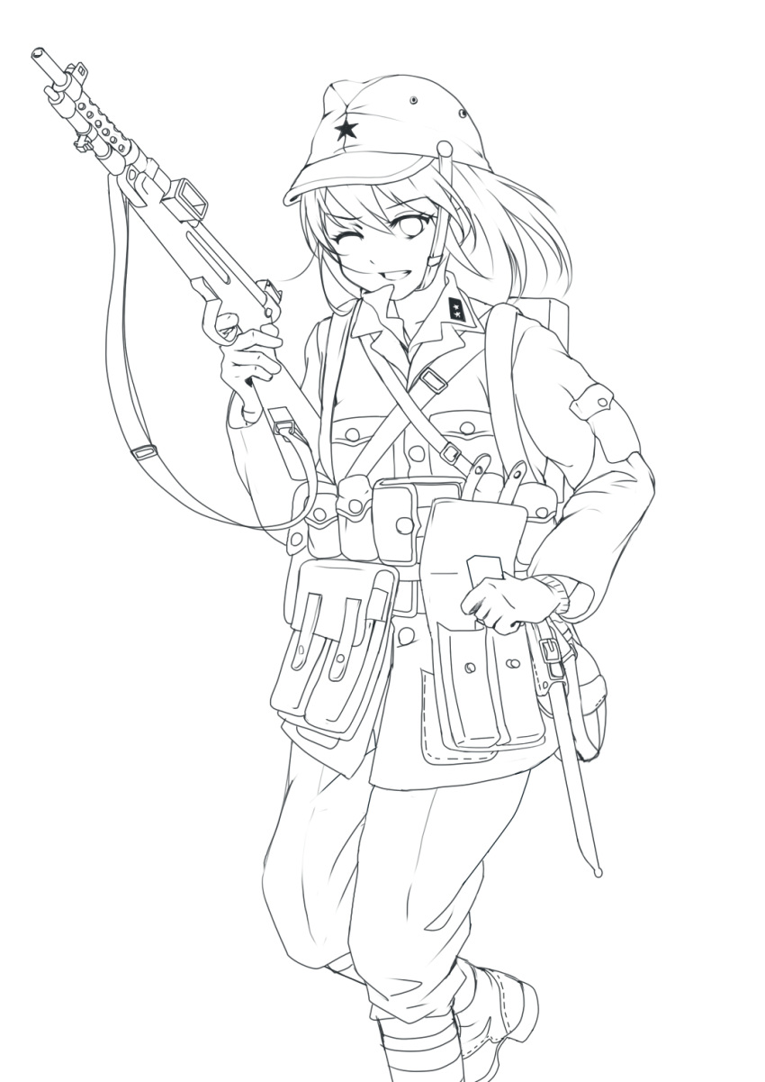 1girl, ammunition_pouch, boots, breast_pocket, chinese_commentary, chinstrap, collar_tabs, collared_jacket