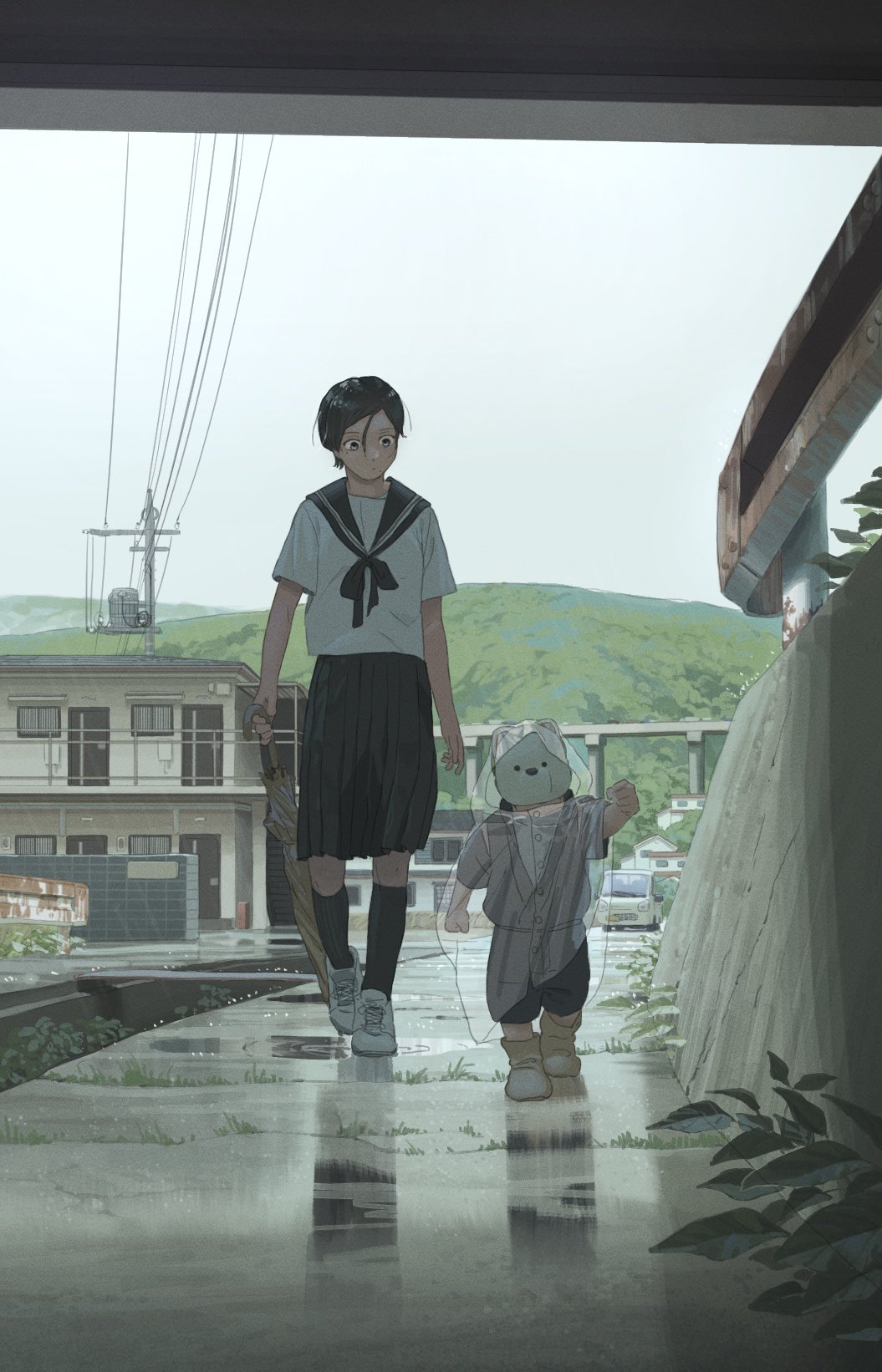 1girl, 1other, after_rain, animal_hood, black_hair, black_skirt, bridge, building, child, closed_umbrella, clouds, cloudy_sky, commentary, day, highres, hill, holding, holding_umbrella, hood, hood_up, kneehighs, kusamie, mask, original, outdoors, overpass, pleated_skirt, power_lines, puddle, railing, rain, raincoat, reflection, road, sailor_collar, school_uniform, see-through_clothes, see-through_raincoat, serafuku, shoes, short_hair, short_sleeves, sidewalk, skirt, sky, slice_of_life, sneakers, socks, umbrella, untranslatable_commentary, utility_pole, walking, wet, wide-eyed