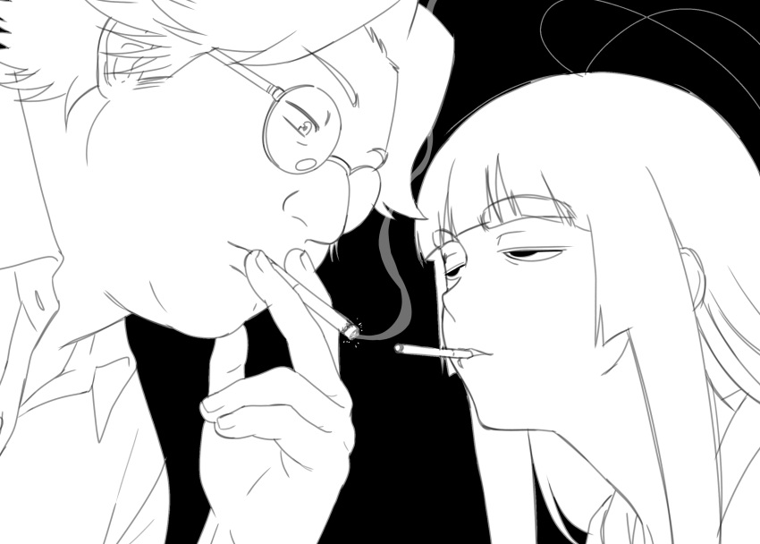1boy, 1girl, absurdres, antenna_hair, black_background, cigarette_kiss, collared_shirt, couple