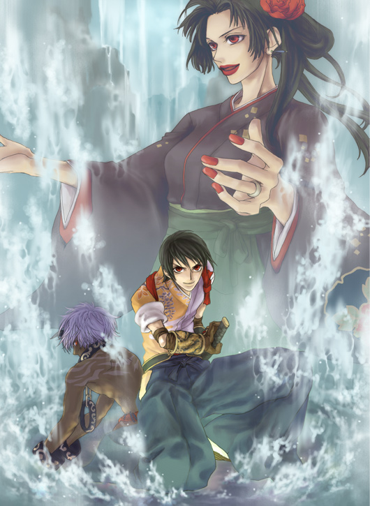 1girl, 2boys, arm_guards, back-to-back, black_hair, brown_gloves, collar, commentary_request