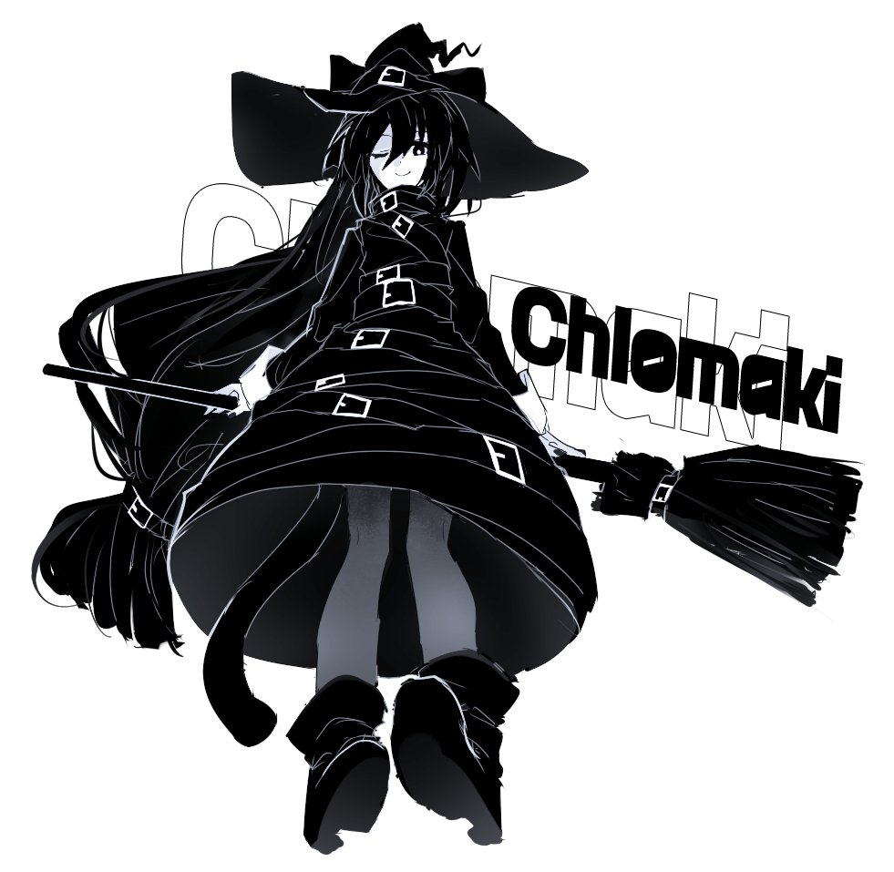 1girl, belt, black_hair, boots, broom, broom_riding, cat_tail, character_name