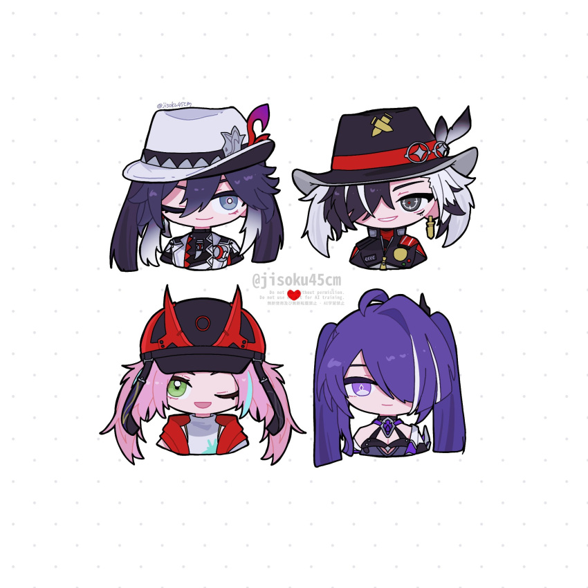 2boys, 2girls, acheron_(honkai:_star_rail), ahoge, alternate_hairstyle, ashveil_(honkai:_star_rail), baseball_cap, black_hair