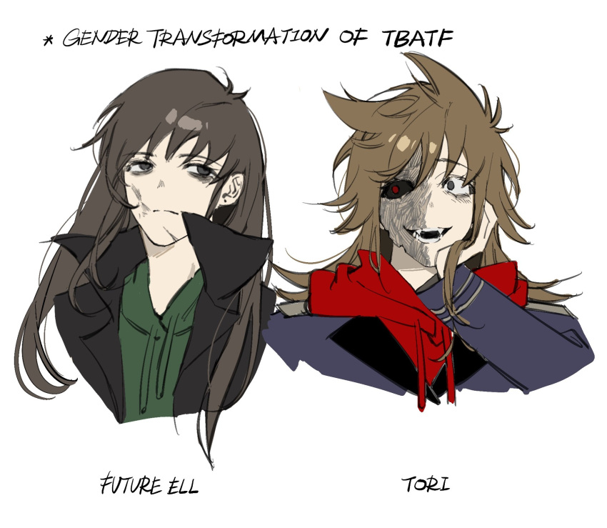 2girls, alternate_hairstyle, animification, antenna_hair, bad_id, bad_twitter_id, bags_under_eyes, black_coat
