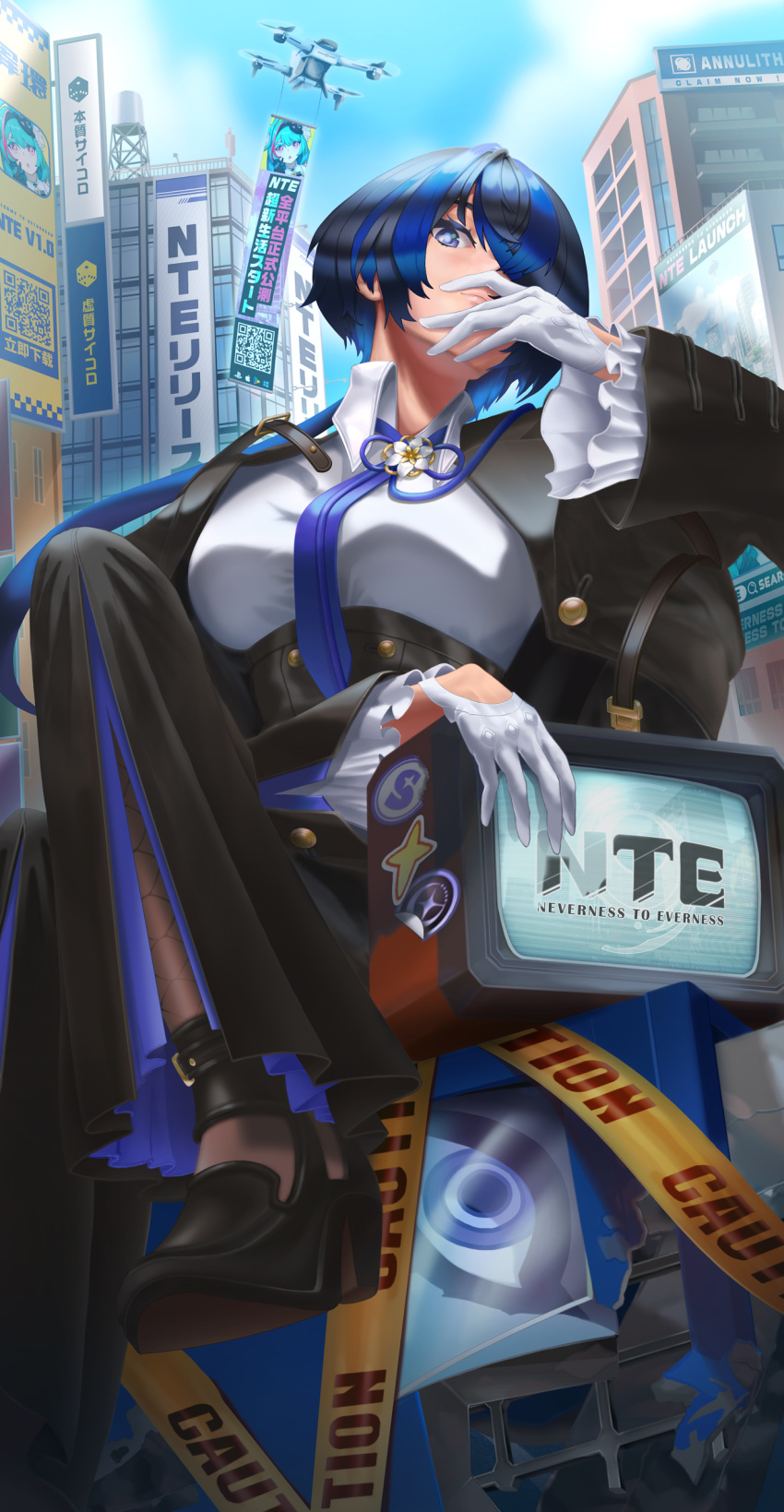 1girl, absurdres, black_hair, black_jacket, black_pants, blue_eyes, blue_hair, cityscape