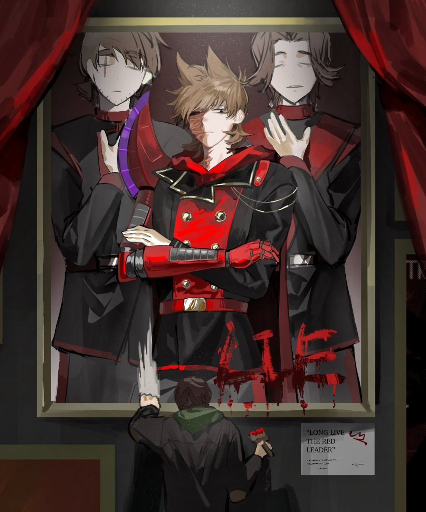 1boy, animification, antenna_hair, bad_id, bad_twitter_id, beard_stubble, belt, black_coat, black_eyes, black_sclera, brown_hair, burn_scar, closed_eyes, coat, colored_sclera, commentary, crossed_arms, curtained_hair, curtains, cyborg, edd_(eddsworld), eddsworld, facial_hair, flipped_hair, from_behind, future_edd_(eddsworld), green_hood, hair_ears, heterochromia, highres, holding, holding_paintbrush, hood, hood_down, kiyoshi_st, long_sleeves, male_focus, mechanical_arms, military_coat, military_uniform, mismatched_sclera, paint, paintbrush, patryck_(eddsworld), paul_(eddsworld), photo_(object), picture_frame, prosthesis, prosthetic_arm, red_army_logo_(eddsworld), red_belt, red_eyes, red_leader_(eddsworld), scar, scar_across_eye, scar_on_face, short_hair, single_mechanical_arm, stubble, the_beginning_and_the_friend, thick_eyebrows, tord_(eddsworld), untranslatable_commentary, wide_shot