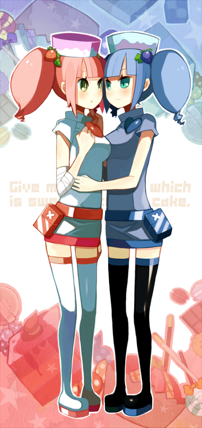 alternate_costume, bad_id, blue_eyes, blue_hair, boots, hat, hug, kei_(ritoru2468), milk_(pop'n, multiple_girls, music), pop'n_music, pop'n_music, red_hair, redhead, skirt, thigh-highs, thigh_boots, thighhighs, twintails, zettai_ryouiki