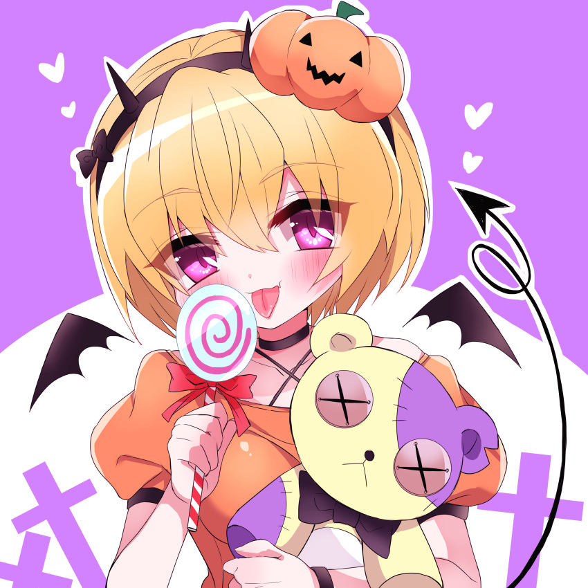 1girl, absurdres, black_hairband, blush, candy, commentary_request, demon_tail, demon_wings