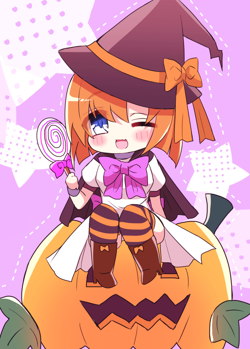 1girl, ;d, blue_eyes, boots, bow, bowtie, brown_boots, candy