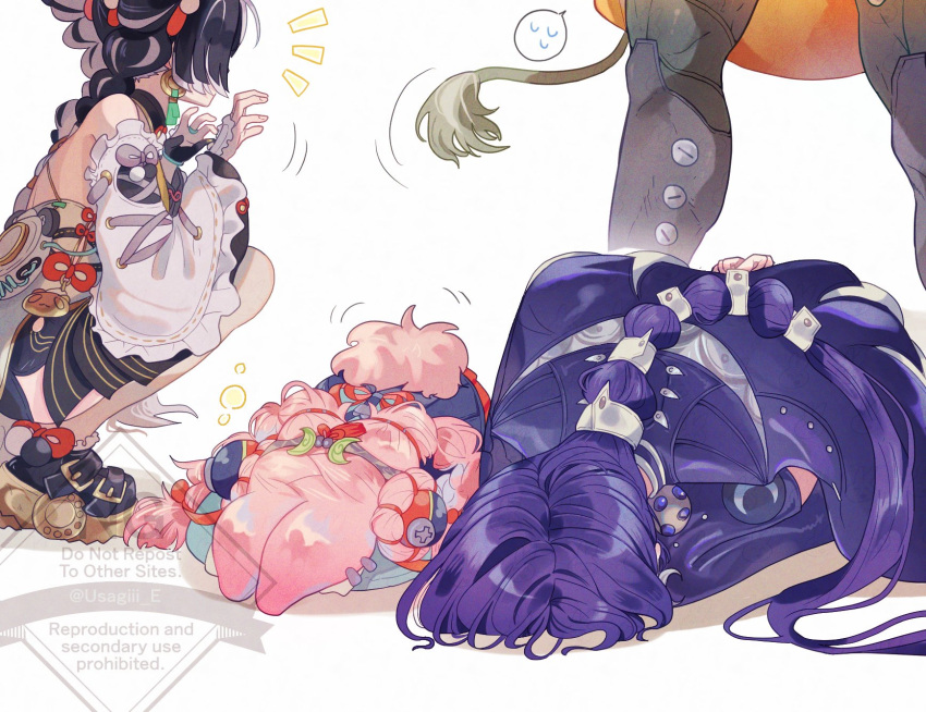 3girls, animal_ear_fluff, animal_ears, arms_behind_back, banyue_(zenless_zone_zero), black_hair, braid, cloak