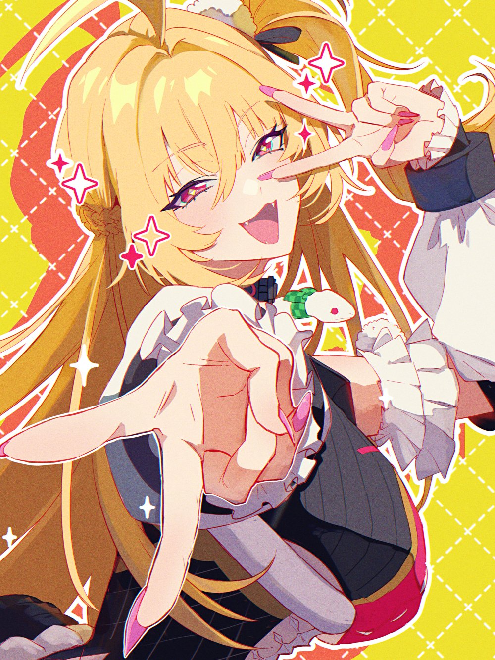 1girl, ahoge, blonde_hair, blush, breasts, chalky_(zenless_zone_zero), cissia_(zenless_zone_zero), detached_sleeves