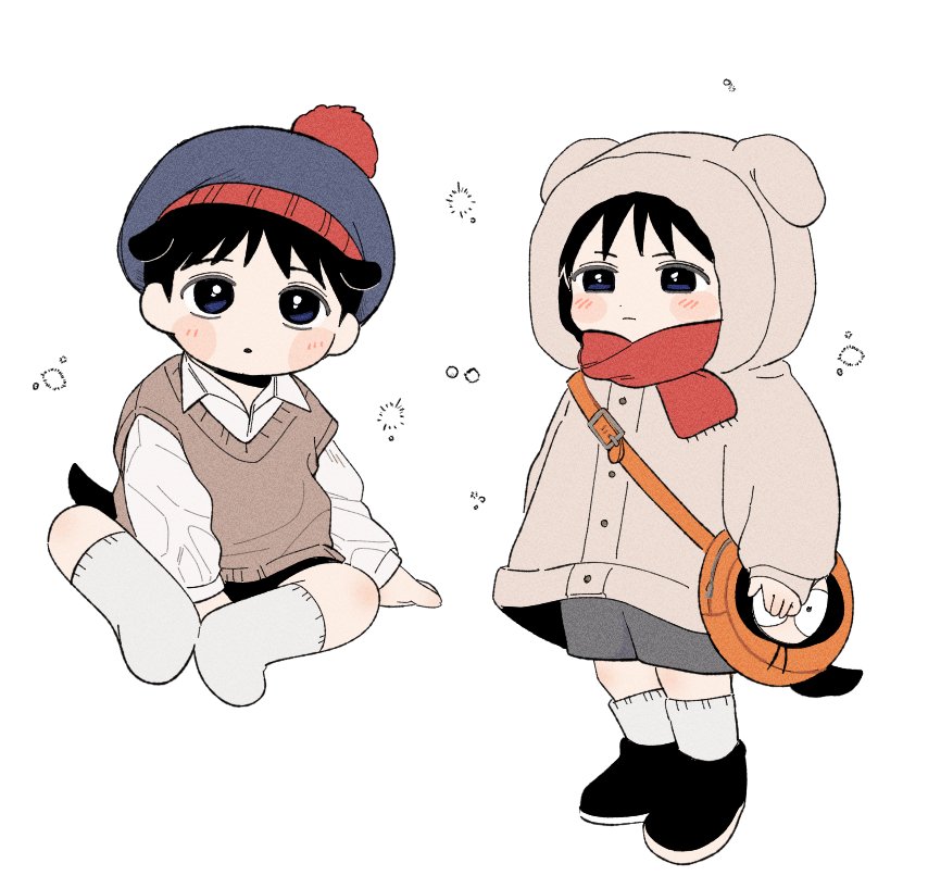 1boy, aged_down, animal_costume, animal_ears, bag, beanie, black_hair, blue_eyes, character_bag, commentary_request, dog_boy, dog_ears, dog_tail, hat, kemonomimi_mode, korean_commentary, long_sleeves, lung_ks_lover, male_focus, pom_pom_(clothes), pom_pom_beanie, scarf, shoes, shorts, sneakers, south_park, stan_marsh, sweater_vest, tail