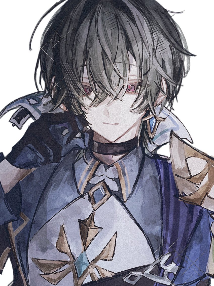 1boy, alternate_hair_color, armor, belt, belt_collar, black_belt, black_gloves, black_hair