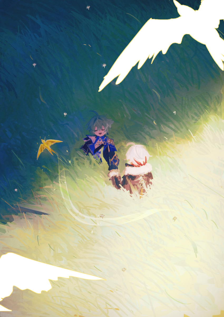 2boys, absurdres, aedon_(genshin_impact), ahoge, bird, closed_eyes, earrings, fur-trimmed_sleeves