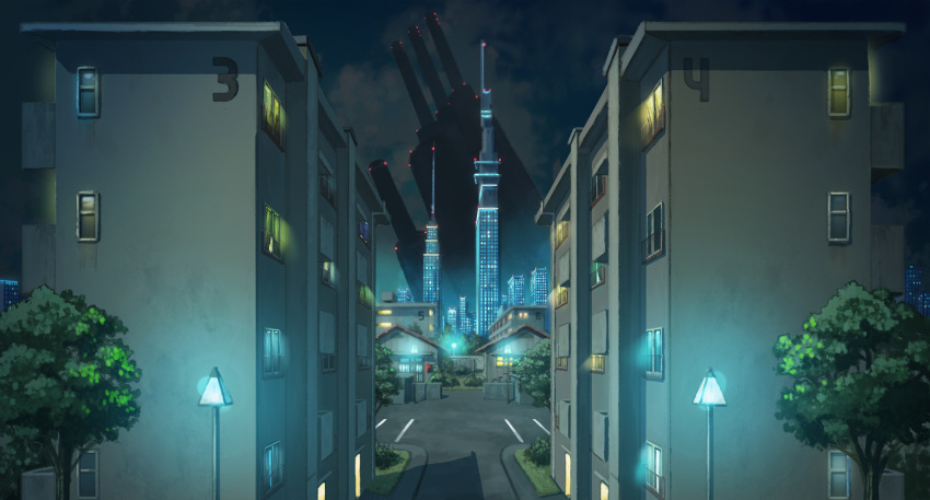 building, cannon, cityscape, commentary_request, grand_scale, highres, lamppost, night