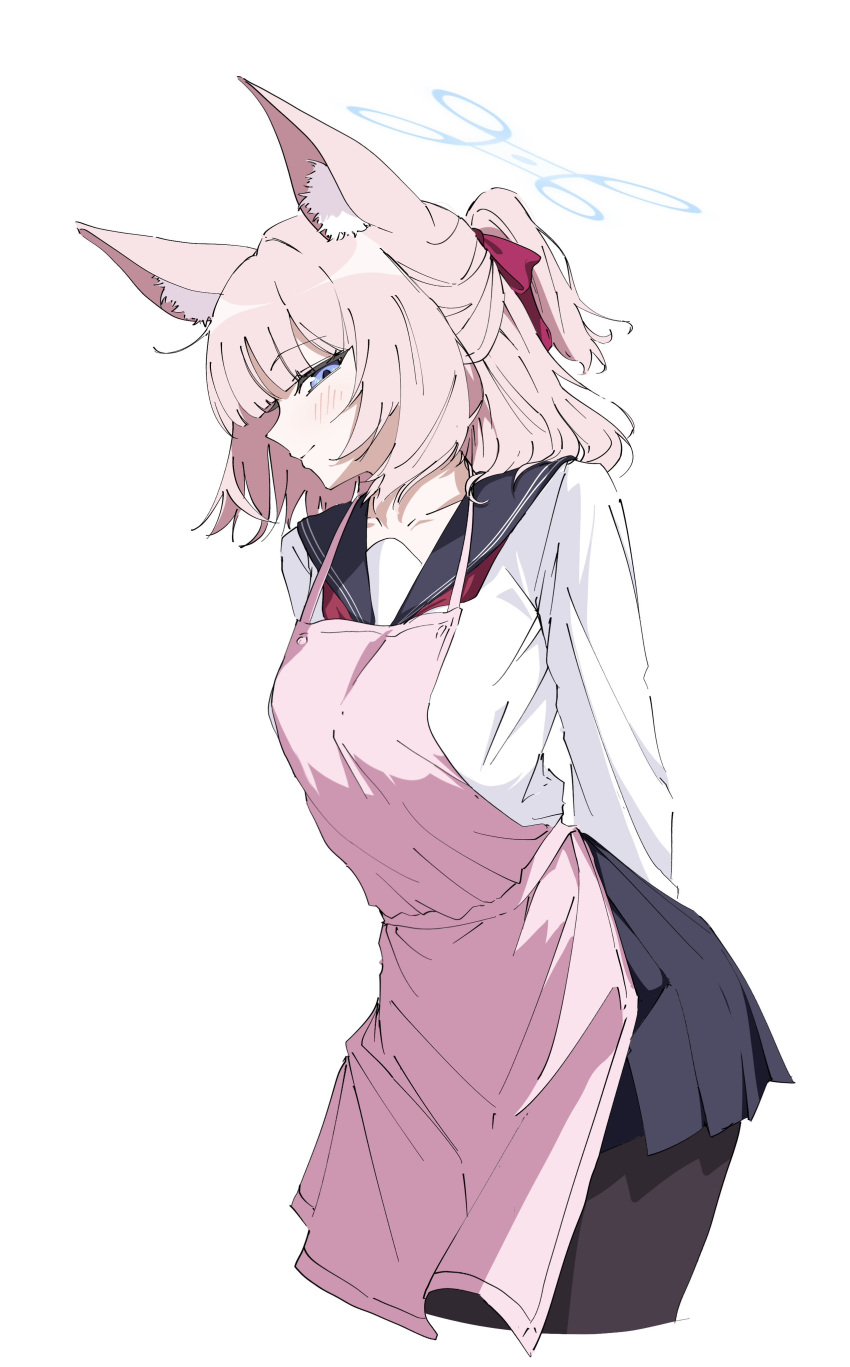 1girl, absurdres, aduyaiii, animal_ear_fluff, animal_ears, apron, arms_behind_back, black_pantyhose, black_sailor_collar, black_skirt, blue_archive, blue_eyes, blue_halo, blush, commentary, fox_ears, fox_girl, from_side, hair_ribbon, halo, highres, long_sleeves, looking_at_viewer, medium_hair, neckerchief, niko_(blue_archive), pantyhose, pink_apron, pink_hair, ponytail, red_neckerchief, red_ribbon, ribbon, sailor_collar, school_uniform, serafuku, shirt, short_ponytail, simple_background, skirt, smile, solo, white_background, white_shirt
