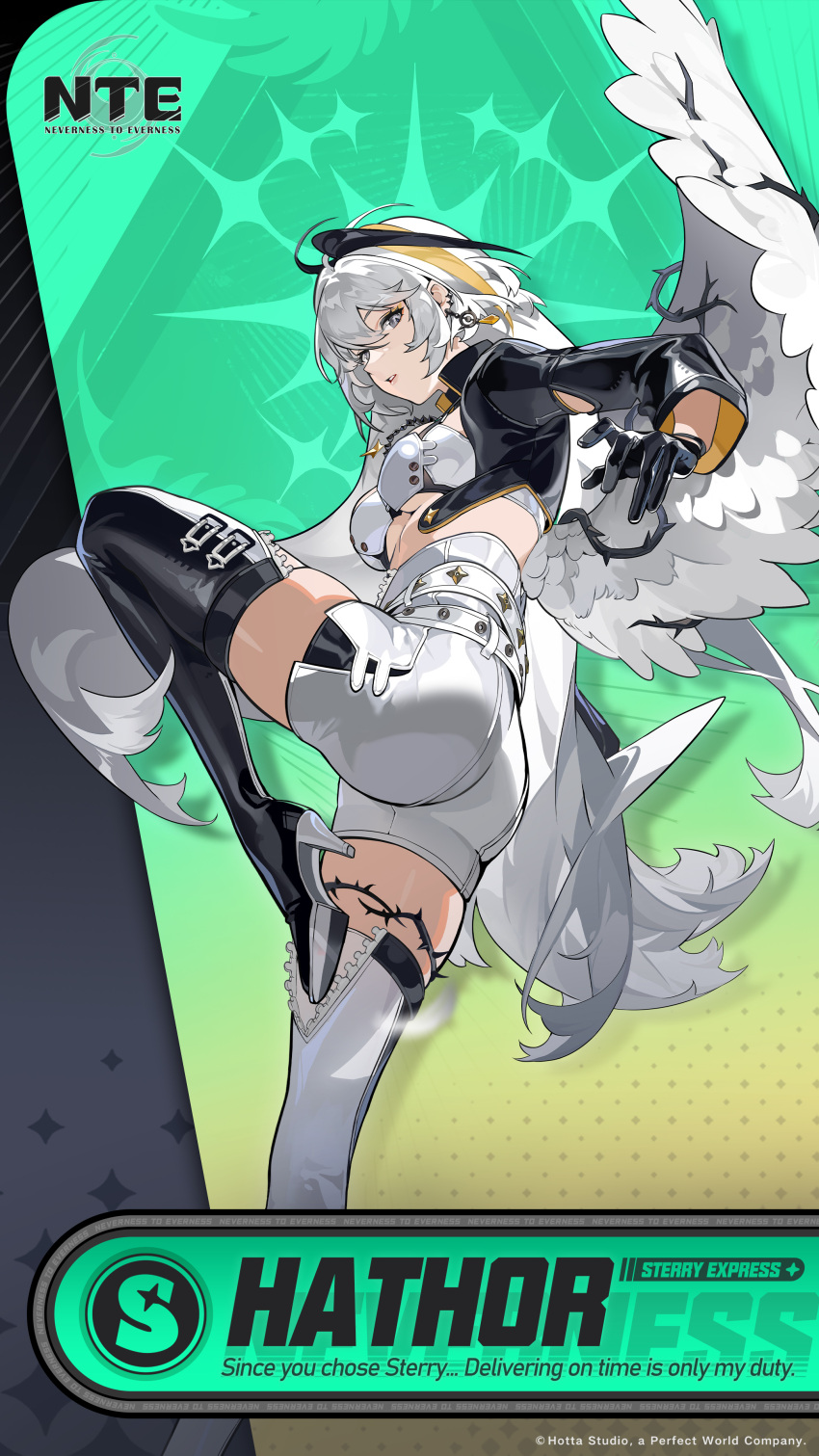 absurdres, black_gloves, boots, breasts, commentary, english_commentary, feathered_wings, gloves, grey_eyes, hathor_(neverness_to_everness), high_heel_boots, high_heels, highres, multicolored_hair, neverness_to_everness, official_art, thorns, under_boob, wings