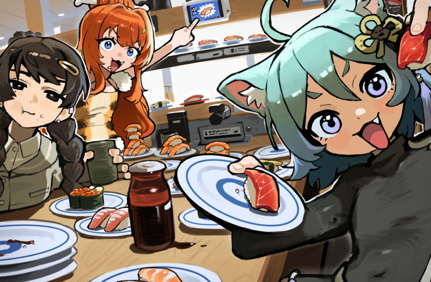 3am, 3girls, animal_ear_fluff, animal_ears, aqua_hair, black_sweater, blue_eyes, blush