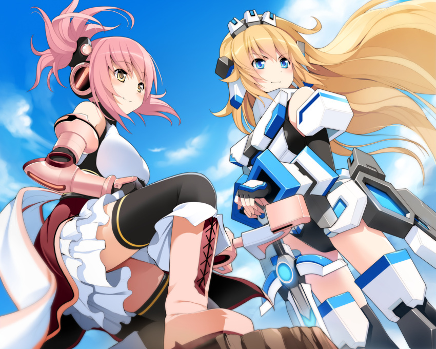 blonde_hair, blue_eyes, bow, bow_(weapon), breasts, brown_eyes, cosmic_break, detached_sleeves, elisalotte, large_breasts, mecha_musume, melfi, multiple_girls, official_art, pink_hair, ponytail, skirt, smile, sword, thigh-highs, thighhighs, wakaba, wallpaper, weapon