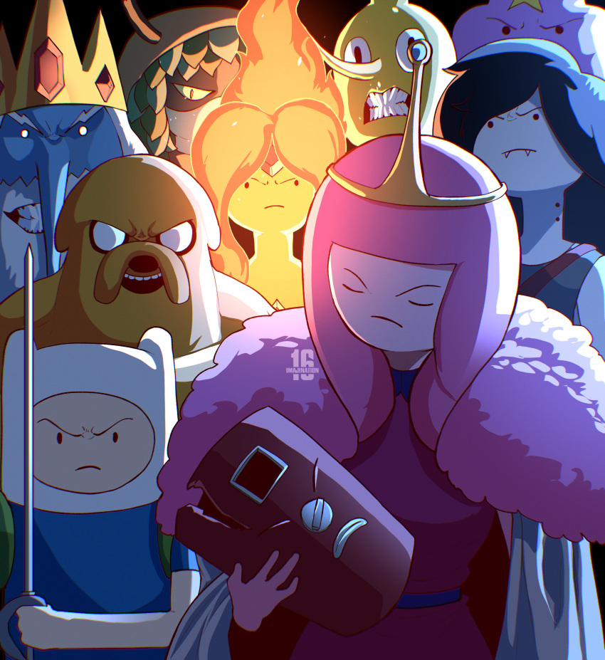 absurdres, ace_(imajination16), adventure_time, artist_name, colored_sclera, colored_skin, commentary, domino_mask, earl_of_lemongrab, elemental_(creature), english_commentary, eye_mask, fiery_hair, finn_the_human, fire_elemental, flame_princess, frown, green_sclera, green_skin, gumball_guardian, hair_branch, hat, hat_with_ears, highres, huntress_wizard, ice_crown_(adventure_time), ice_king, invincible_(series), jake_the_dog, lumpy_space_princess, marceline_abadeer, mask, orange_skin, parody, plant_hair, princess_bonnibel_bubblegum, style_parody, viltrumite, watermark