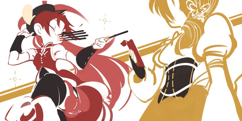 2girls, beret, black_gloves, black_sleeves, black_thighhighs, blonde_hair, boots, bow
